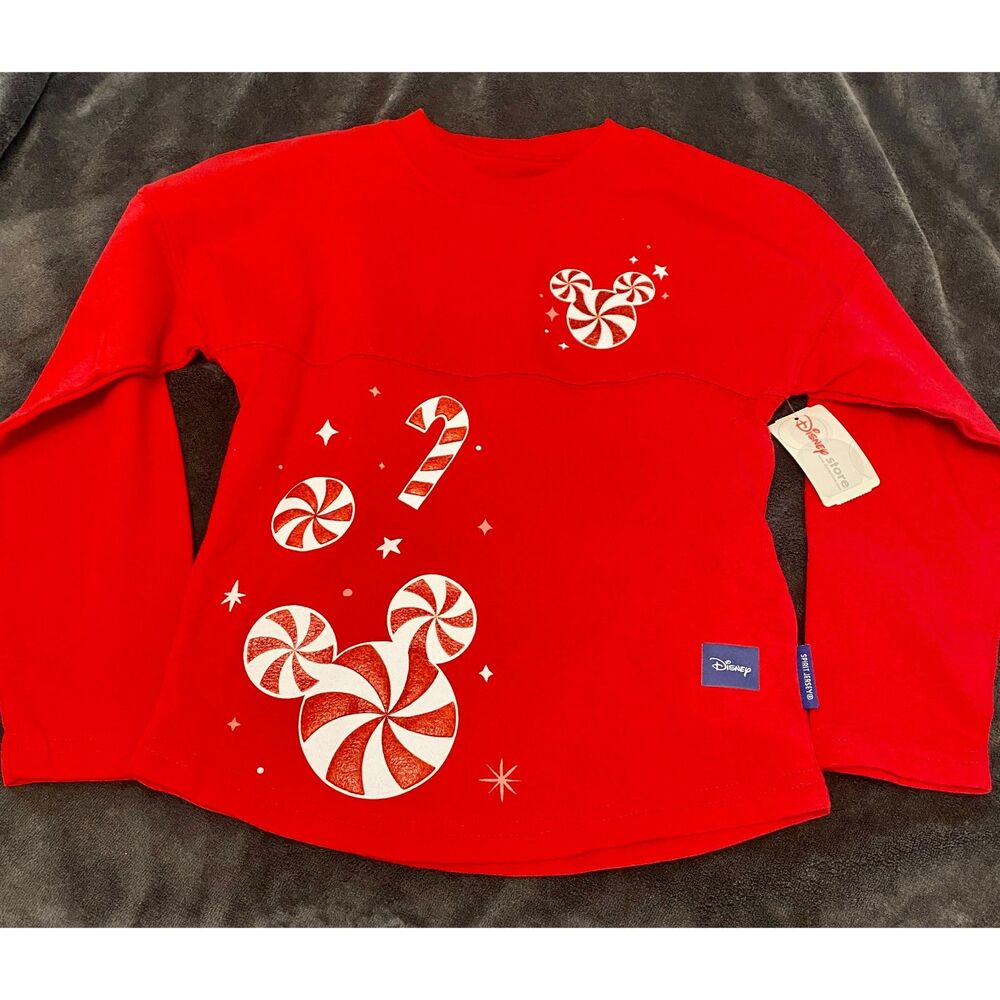 Disney Spirit Jersey Kids XS Peppermint Christmas Mickey Red Long Sleeve NWT